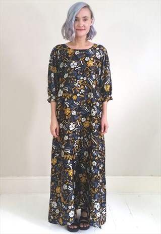 VINTAGE 70'S SILKY YELLOW WHITE AND BLUE MAXI DRESS