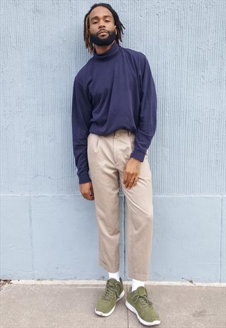 90S MINIMALIST WOOL SILK FEEL BEIGE PLEATED CROPPED TROUSERS