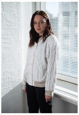 VINTAGE 70'S WHITE DOUBLE BREASTED EMBROIDERED BOMBER JACKET