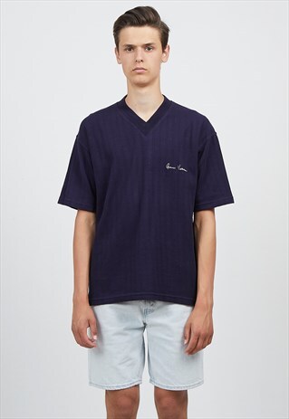 90S VINTAGE NAVY VERSACE LOGO V-NECK T-SHIRT
