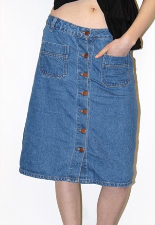 90S VINTAGE BLUE MIDI BUTTON DOWN BOHO FESTIVAL DENIM SKIRT