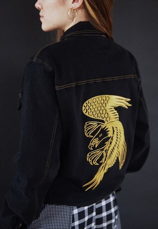 EMBROIDERED EAGLE DENIM WORKER JACKET IN BLACK