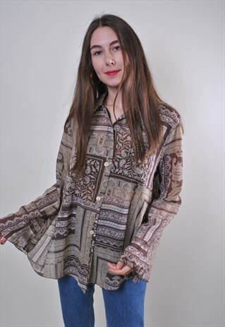80S WOMAN ABSTRACT PRINT VINTAGE BROWN BLOUSE