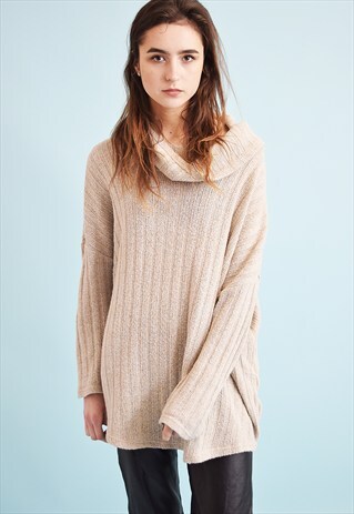90'S RETRO NEUTRAL KNIT RIBBED OVERSIZED ROLLNECK JUMPER TOP