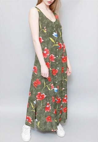 VINTAGE 1990'S GREEN AND RED FLORAL BUTTON UP MAXI DRESS