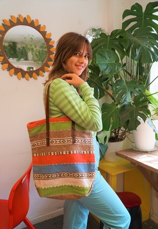 VINTAGE 70'S WOVEN COLOURFUL TOTE BAG