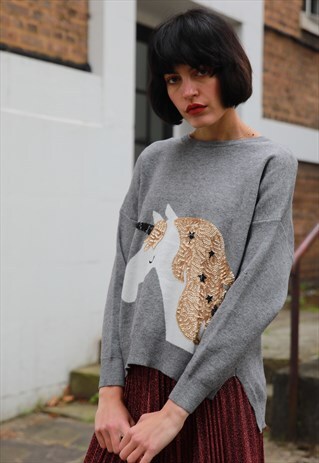 UNICORN HORSE SEQUIN EMBELLISHED KNITTED JUMPER