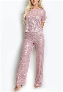 Sequin Round Neck Top & Flared Trousers Coord Set In Pink 