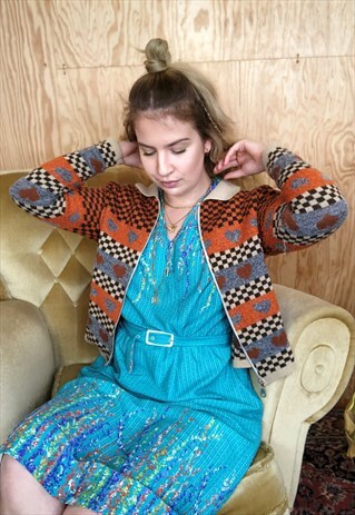 VINTAGE 70S BLUE PRINTED SLEEVELESS MIDI DRESS