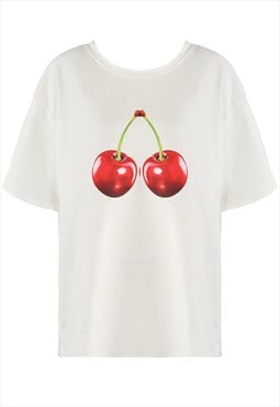 Cheries Round Neck T-Shirt In White 