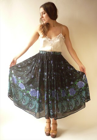 1980'S VINTAGE INDIAN COTTON GAUZE FLORAL & PAISLEY SKIRT