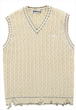 Ripped sleeveless sweater chunky knitted v neck vest cream