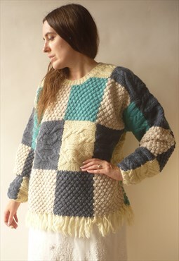 1990's Vintage Patchwork & Cable Textured Knitted Jumper