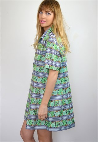 VINTAGE 70S GREEN & BLUE PATTERN MINI DRESS