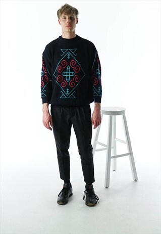BLACK ABSTRACT SWEATER / RETRO GEOMETRIC KNITTED SWEATER