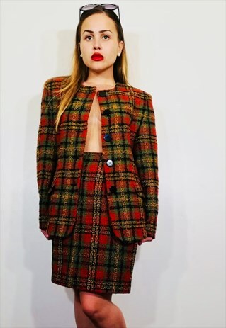 VINTAGE TARTAN SKIRT BLAZER CHEQUERED CHECK CO ORD SUIT