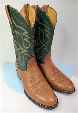 90's Vintage Nocona Cowboy Boots Brown Green