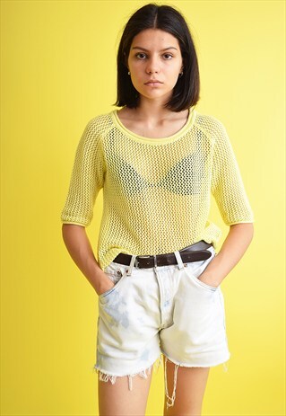 90'S RETRO YELLOW EASY FITTED FISHNET KNITTED JUMPER TOP