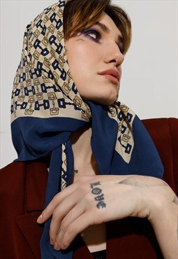 GUCCI blue beige equestrian snaffle pattern print scarf