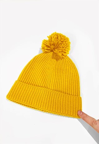 SKI BOBBLE KNITTED RIBBED BEANIE HAT - GOLD YELLOW