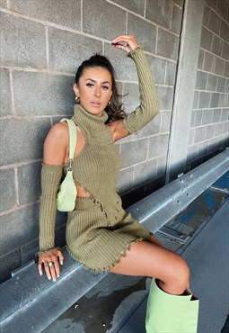 Khaki Distressed Ribbed Top & Skirt Co-ord