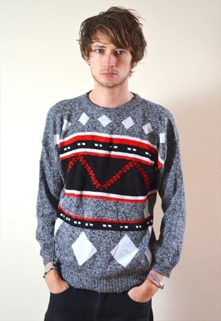 80S VINTAGE GREY & RED ABSTRACT PATTERN KNIT JUMPER