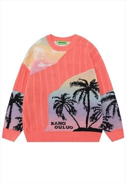 Tropical print sweater palm tree knitted jumper raver top