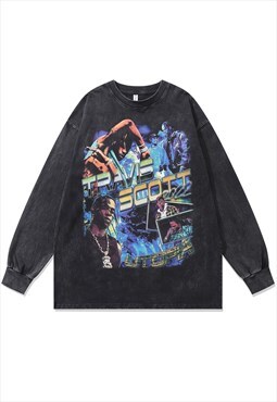 Vintage wash rapper t-shirt retro Travis Scott long top grey