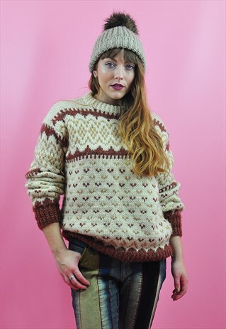 VINTAGE 70S BROWN & CREAM OVERSIZED CHUNKY WOOL KNIT JUMPER