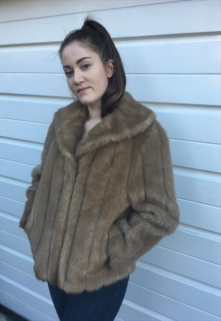 WOMENS VINTAGE BEIGE BROWN SHORT FAUX FUR COAT JACKET
