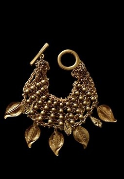 70's Vintage Ladies Gold Metal Bracelet Leaf Charms 
