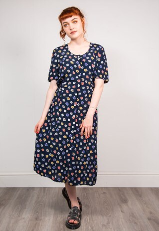 90'S VINTAGE NAVY BLUE FLOWER PATTERN MIDI SUMMER DRESS