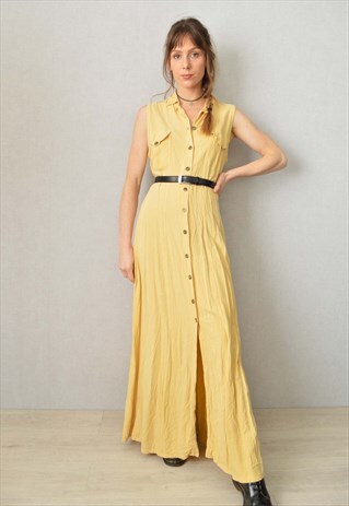 VINTAGE 90S MIDI SHIRT DRESS BUTTON DOWN YELLOW SOFT