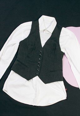 Vintage Vest Y2K Preppy Waistcoat in Pinstriped Grey