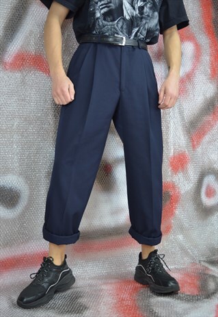 VINTAGE DARK BLUE STRAIGHT CLASSIC SUIT TROUSERS