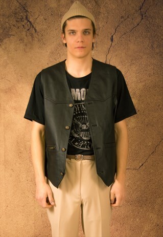 VINTAGE 90S REAL LEATHER, CLASSIC BLACK CASUAL WAISTCOAT