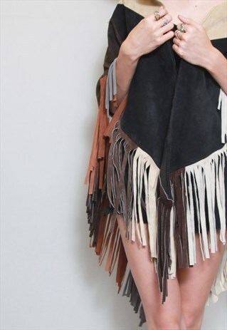 VINTAGE 1970'S RECYCLED PATCHWORK SUEDE FRINGED CAPE.