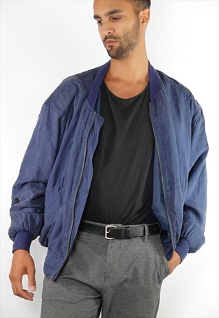 VINTAGE 80S BOMBER JACKET ZIPPER DARK BLUE LARGE MEN
