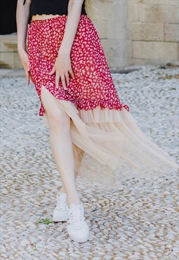 Red skirt in animal print with tulle ruffles