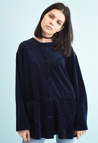 90'S RETRO VELVET NAVY BLUE MOMS SHIRT TOP