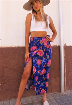 Long Wrap Skirt in Blue & Pink 