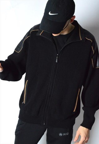 VINTAGE BLACK KNIT THICK WOOL BLEND LEATHER DETAIL JACKET