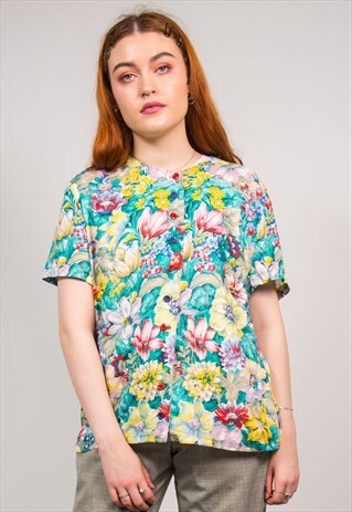 VINTAGE 90'S COLOURFUL FLORAL PRINT COLLARLESS BLOUSE