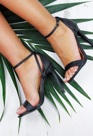 WOMENS LADIES BLACK STRAPPY HIGH STILLETO SANDALS SHOES