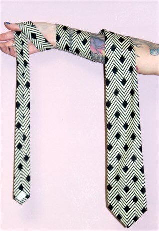 70S VINTAGE RETRO STYLE GEOMETRIC PRINT BLACK & CREAM TIE