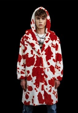 Cow print faux fur long coat hooded spot print trench jacket