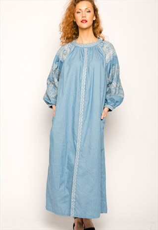EMBROIDERED DENIM LONG SHIRT DRESS IN BLUE FULL LENGTH
