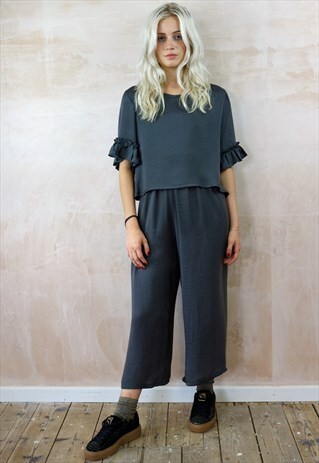 GREY MATT SILKY FRILL TOP CO-ORDINATES