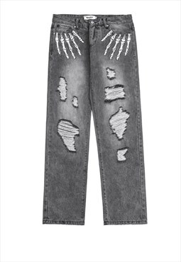 Black Washed Denim Embroidered Relaxed Fit Jeans Pants Y2k