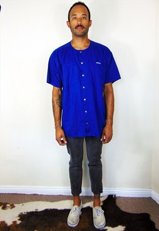 90S MINIMALIST BRIGHT BLUE ROUND COLLAR SHORT SLEEVE SHIRT